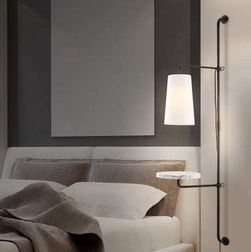Andre 11.5" Contemporary Industrial Iron Plug-In with Adjustable White Marble Table LED Sconce - JONATHAN Y
